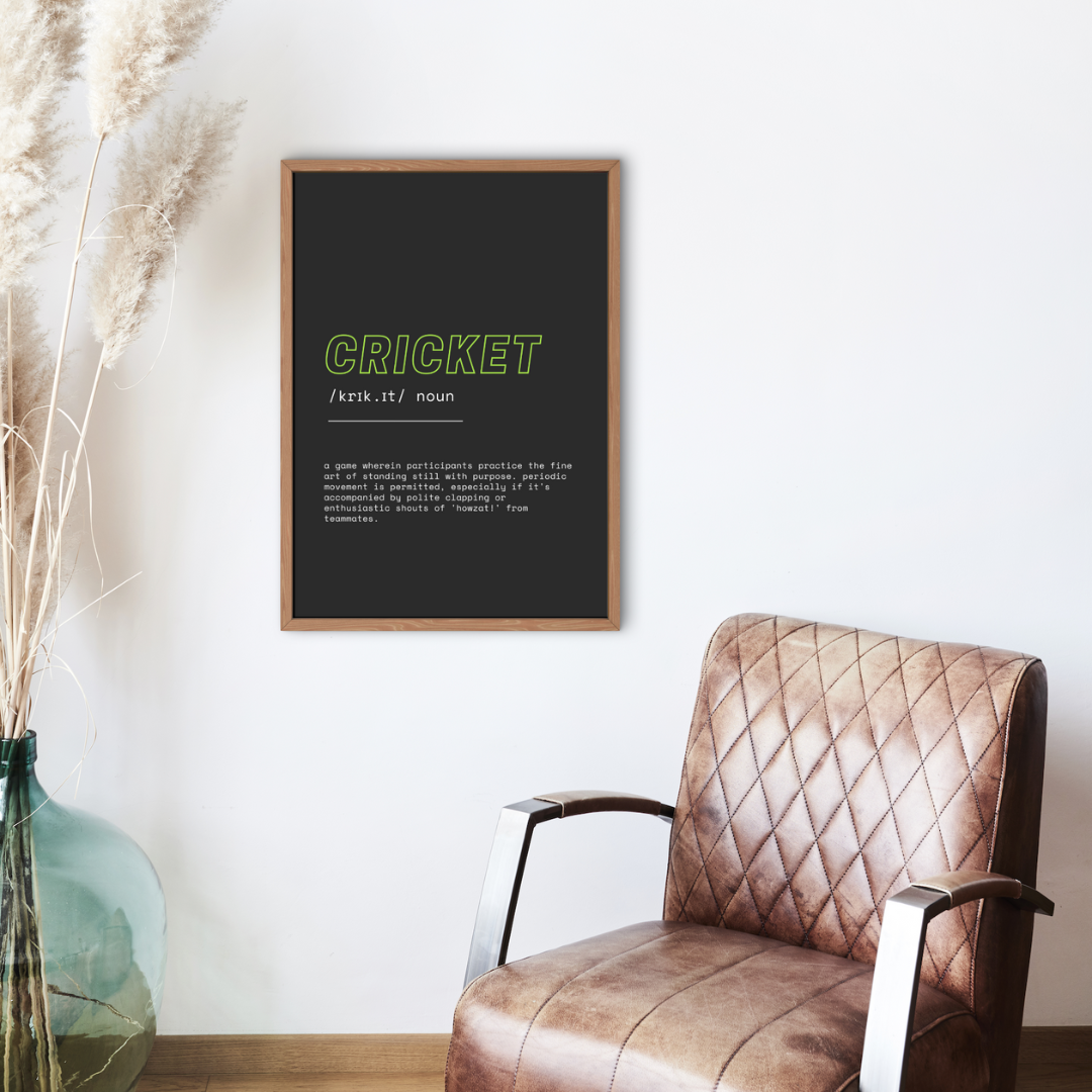 Humorous Cricket Definition Wall Print | Futuristic Black on White