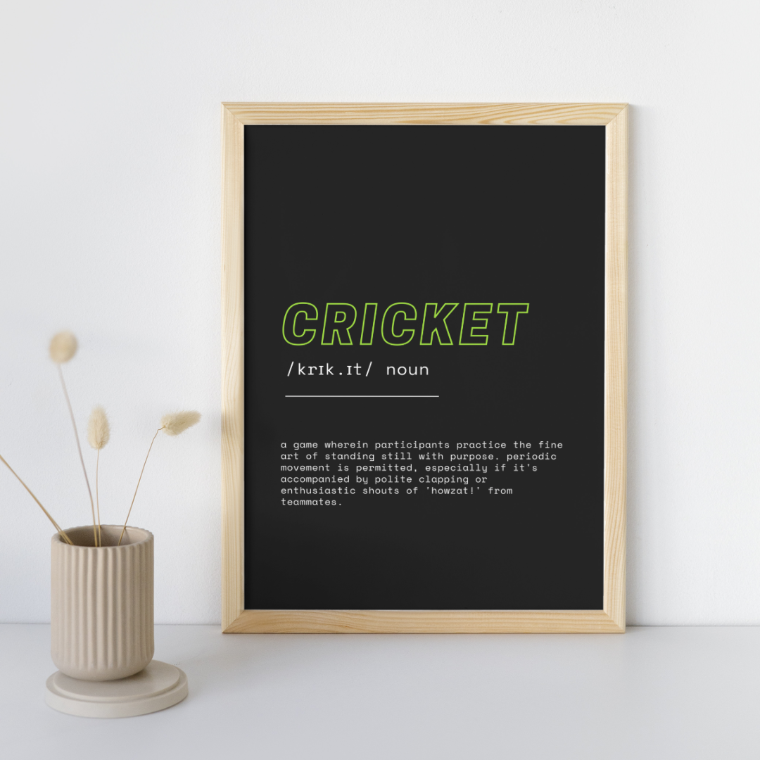 Humorous Cricket Definition Wall Print | Futuristic Black on White