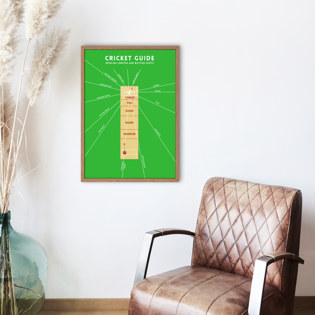 Cricket Guide Wall Print with Bowling Lengths and Batting Shots