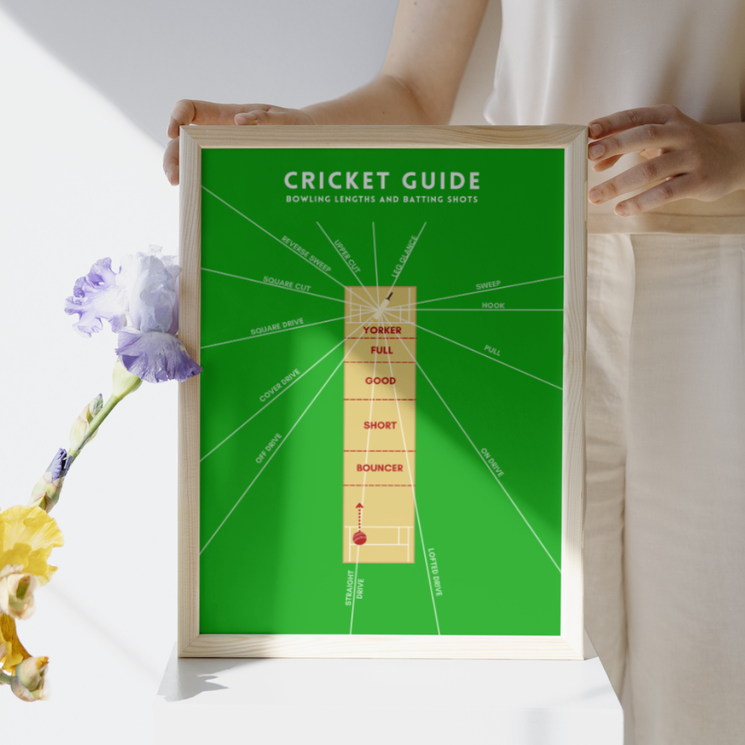 Cricket Guide Wall Print with Bowling Lengths and Batting Shots