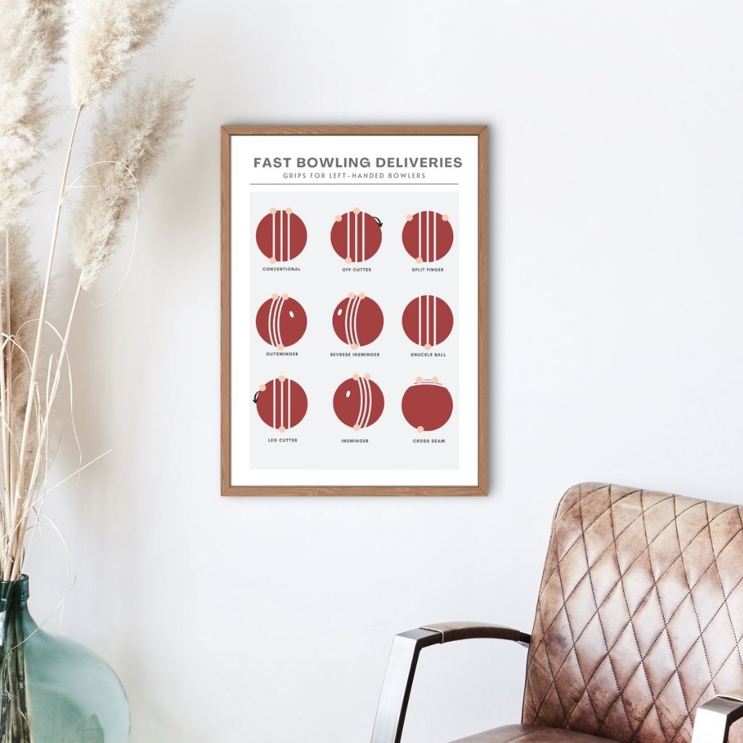 Left Handed Fast Bowling Cricket Deliveries Grips Guide Wall Print