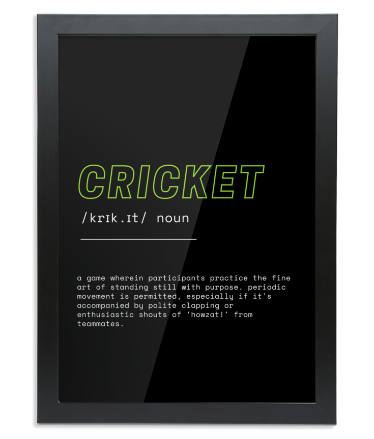 Humorous Cricket Definition Wall Print | Futuristic Black on White